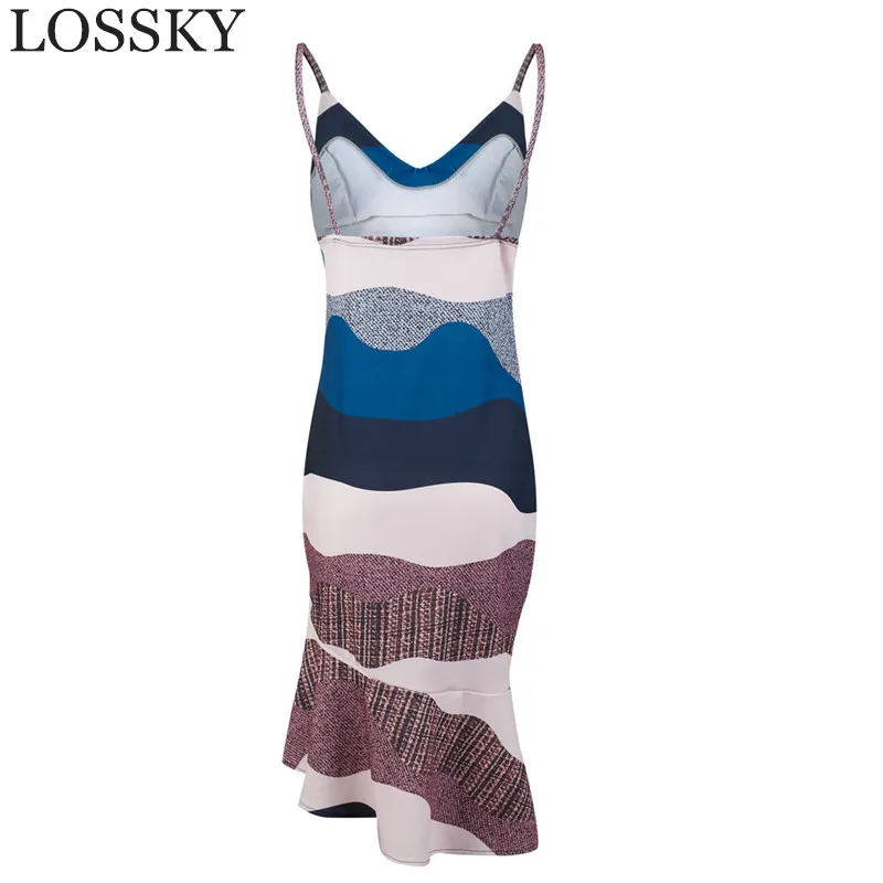 

Sexy Print Spaghetti Strap Bodycon Dress Women Summer V Neck Sleeveless Backless Ruffles Hem Party Dress Elegant Dress Vestidos