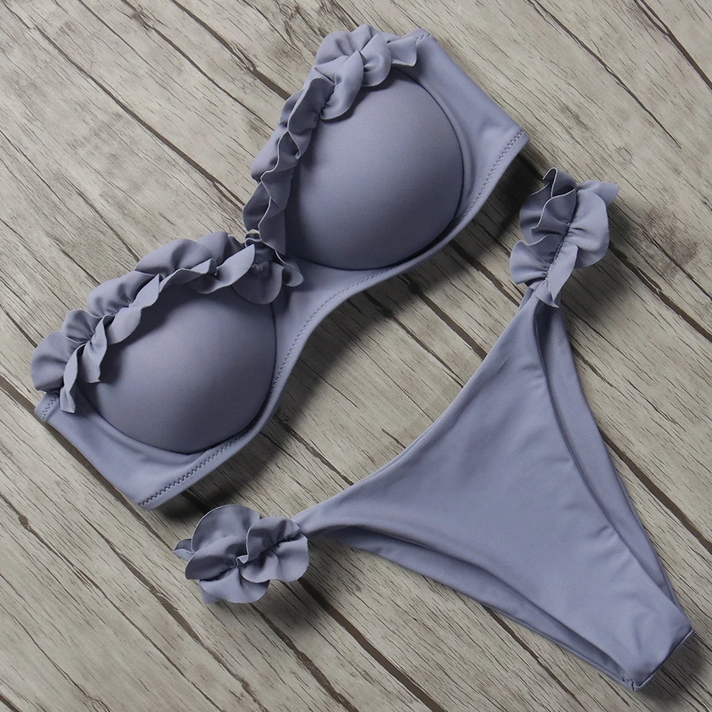 2019 однотонный комплект бикини с бандо купальный костюм пуш ап сексуальная