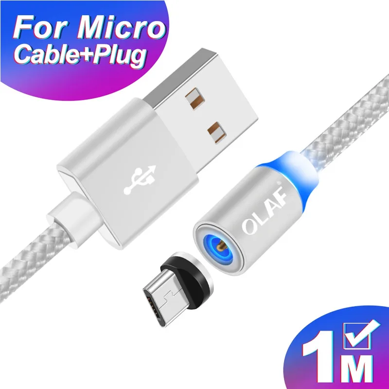 Silver Магнитный Micro USB кабель OLAF 1 м СВЕТОДИОДНЫЙ Магнитный зарядный шнур для samsung S4 S5 S6 S7 Edge Магнитный кабель Micro usb кабели для зарядки - Цвет: Silver