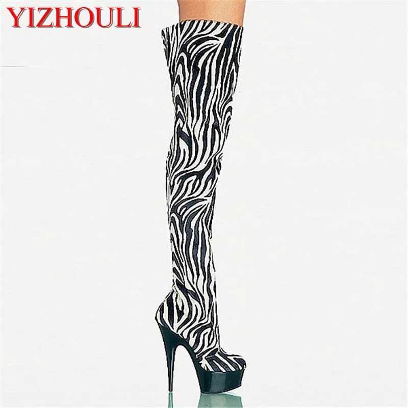 

15cm Fashionable Zebra PU Platforms Womens Boots 6 Inch High Heel Shoes Sexy Thigh High Boots