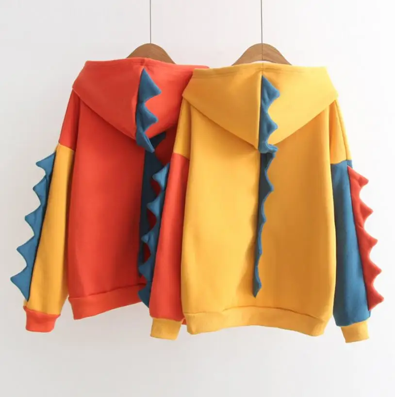 

Plus velvet sweatershirt thickening Cute dinosaur contrast color hooded warm women long-sleeved tops