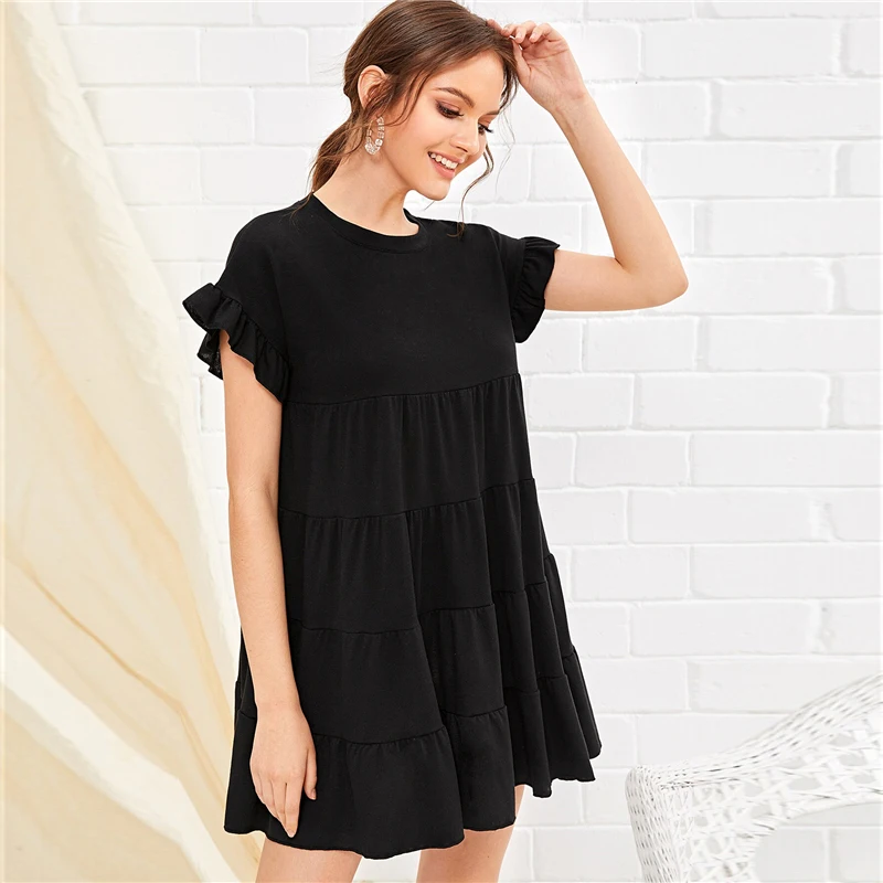 SHEIN черное однотонное платье с рюшами, женское летнее платье с круглым вырезом и высокой талией, Дамское короткое платье, свободное милое платье трапециевидной формы