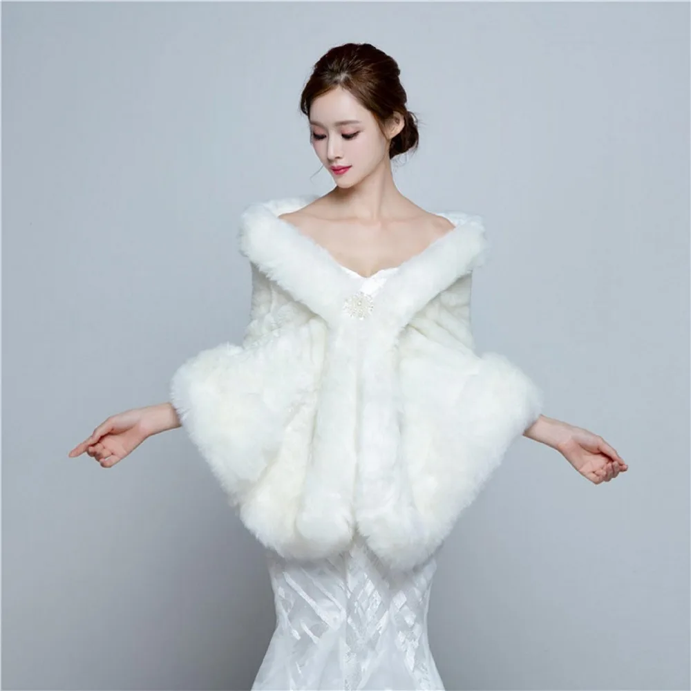 Женская зимняя накидка из искусственного меха длинная теплая на свадьбу или