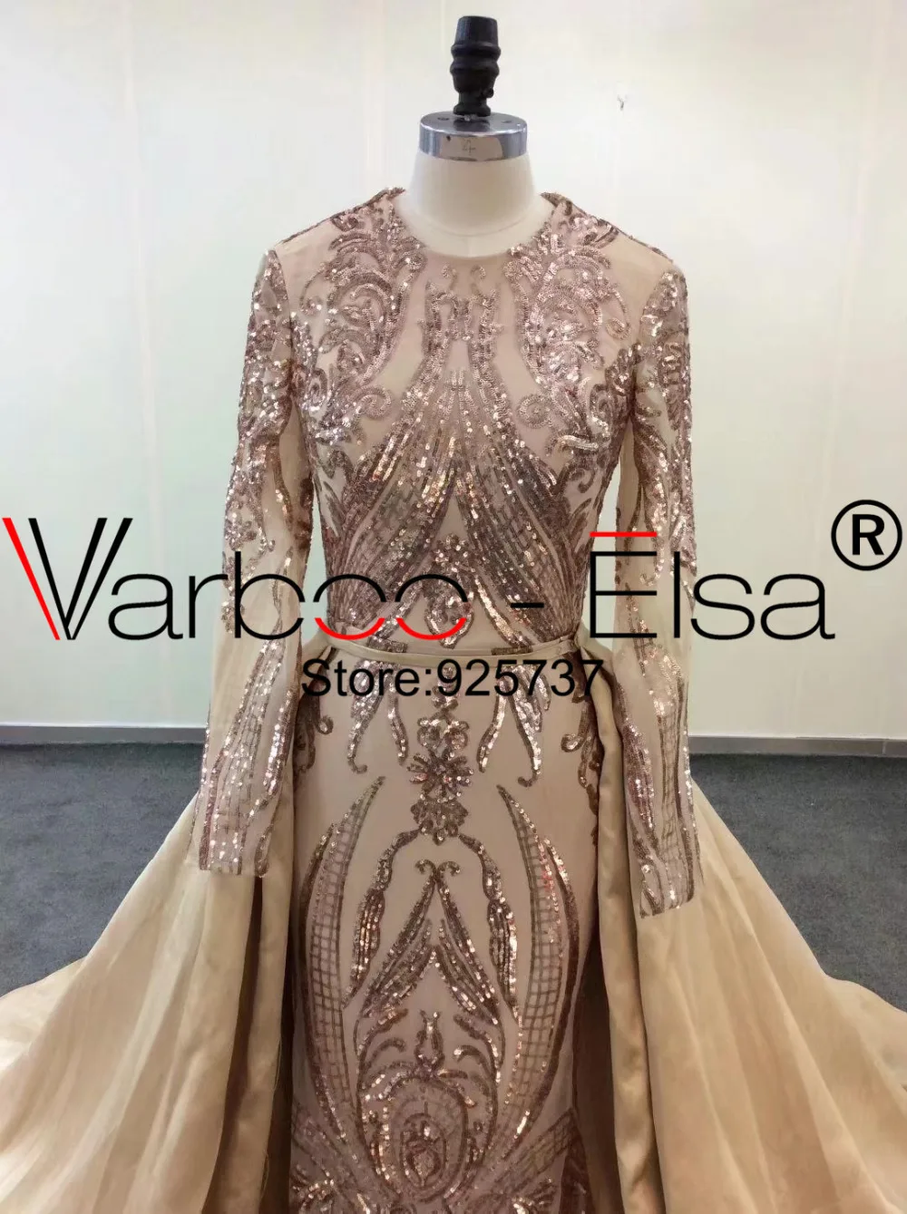 VARBOO_ELSA длинное вечернее платье Съемная юбка зеленое вечернее платье с длинными рукавами с блестками аппликация арабское вечернее платье