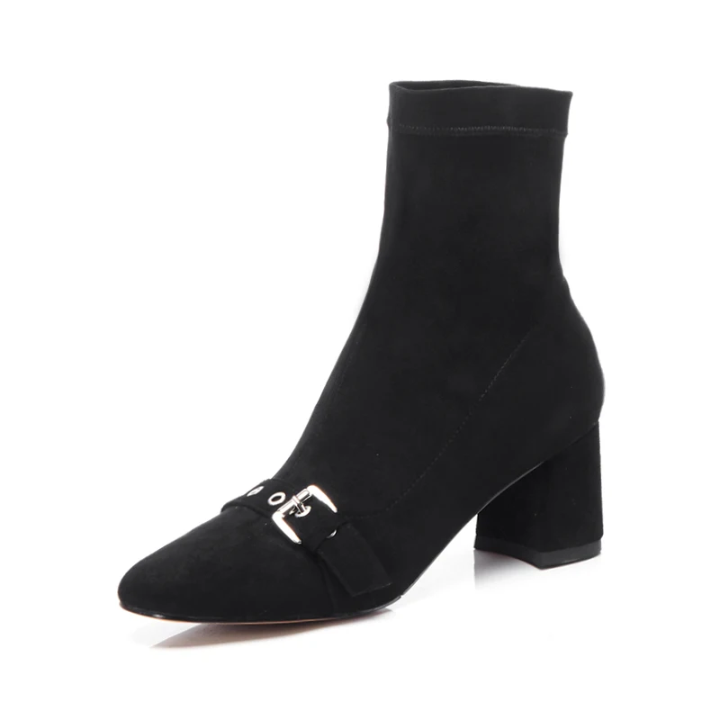 Black booties MNIXUAN/пикантные ботфорты выше колена; женская обувь; Новинка года; эластичные замшевые высокие сапоги на высоком каблуке с квадратным носком; большие размеры 40, 41 - Цвет: Black booties