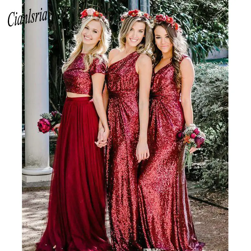 

Sparkle Burgundy Sequined Bridesmaid Dresses Long Bridesmaids Dress Country Style Wedding Guest Gowns Custom Made Prom Dress