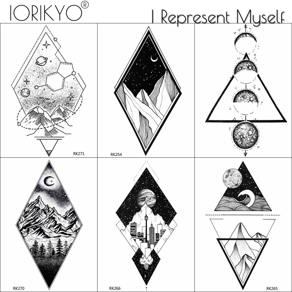 

Геометрические черные лунные временные татуировки наклейки женские на руку геометрические горные поддельные татуировки треугольные звезды водостойкие татуировки