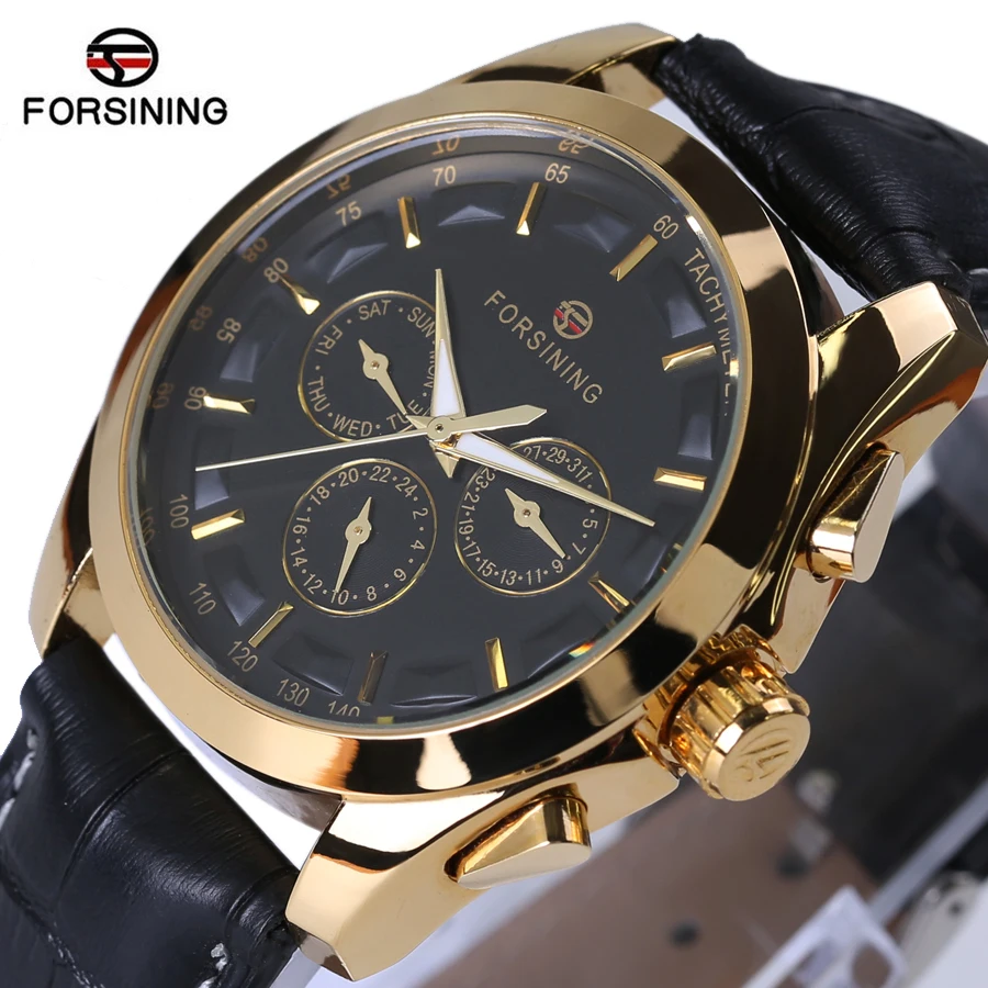 Forsining роскошные часы Для мужчин кожа Винтаж классический ретро черный золото