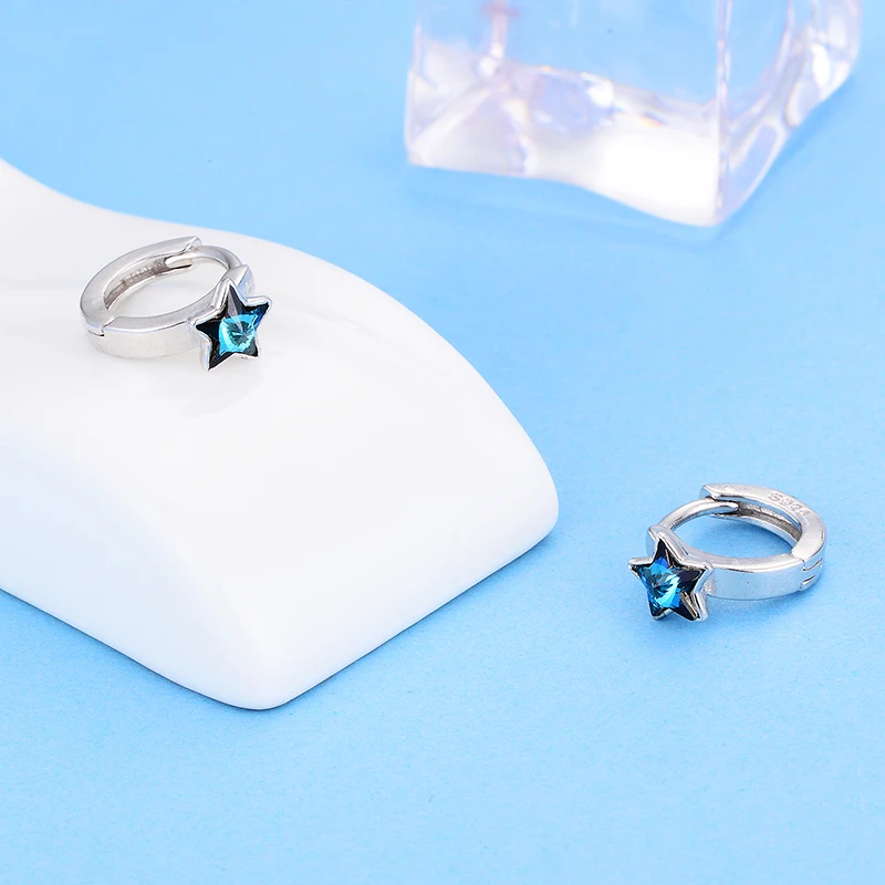 Shineland Blue Stars Round Circle Hoop Earrings 925 Sterling Silver Jewelry For Women Girls Statement Summer Hot Gifts | Украшения и
