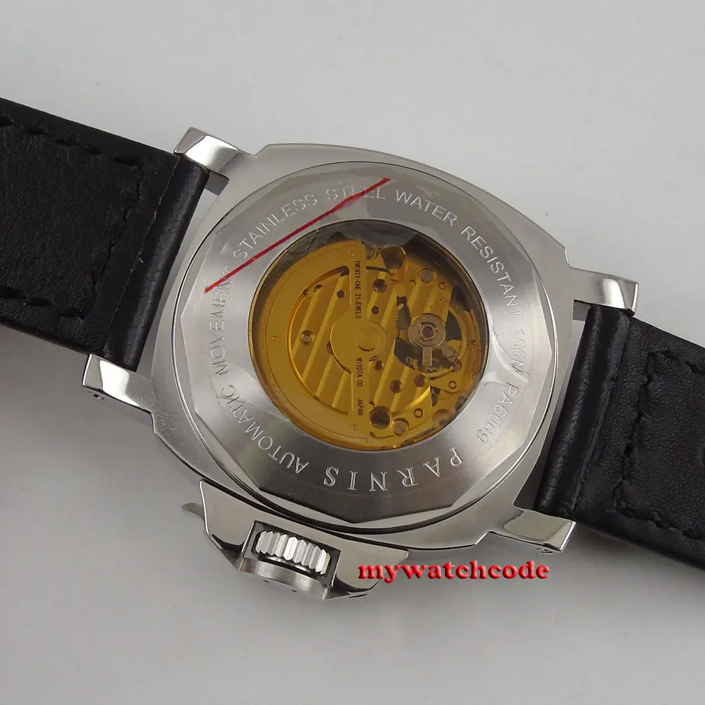 44 мм Парнис черный циферблат зеленый световой Маркс сапфировое стекло 21 Jewels Miyota