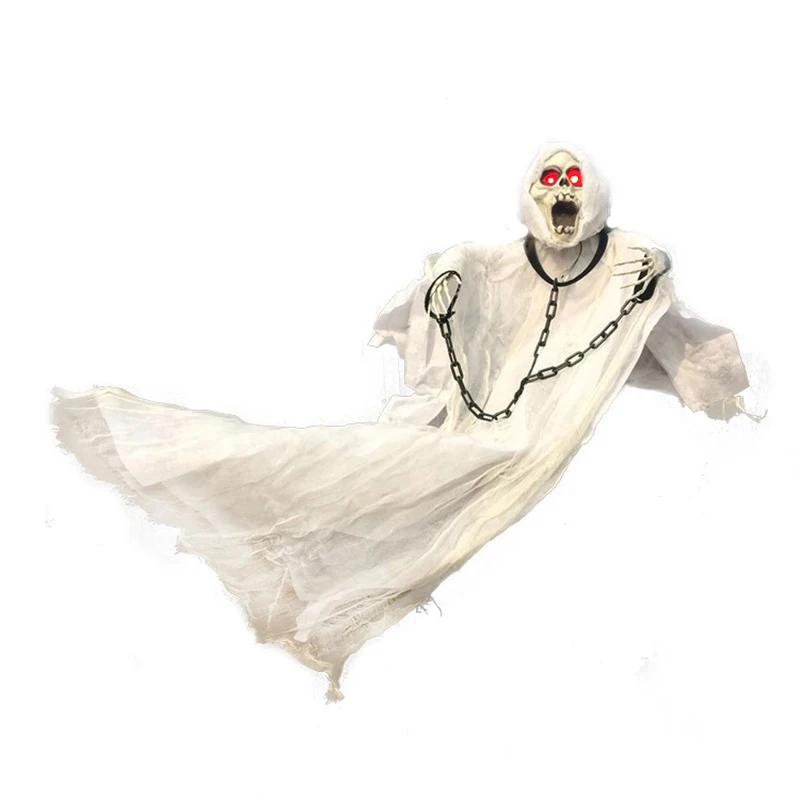 

36inch 90cm Tall White Halloween Decoration Hanging Ghost with Chain Light up Eyes Sound and Sensor for Halloween Props
