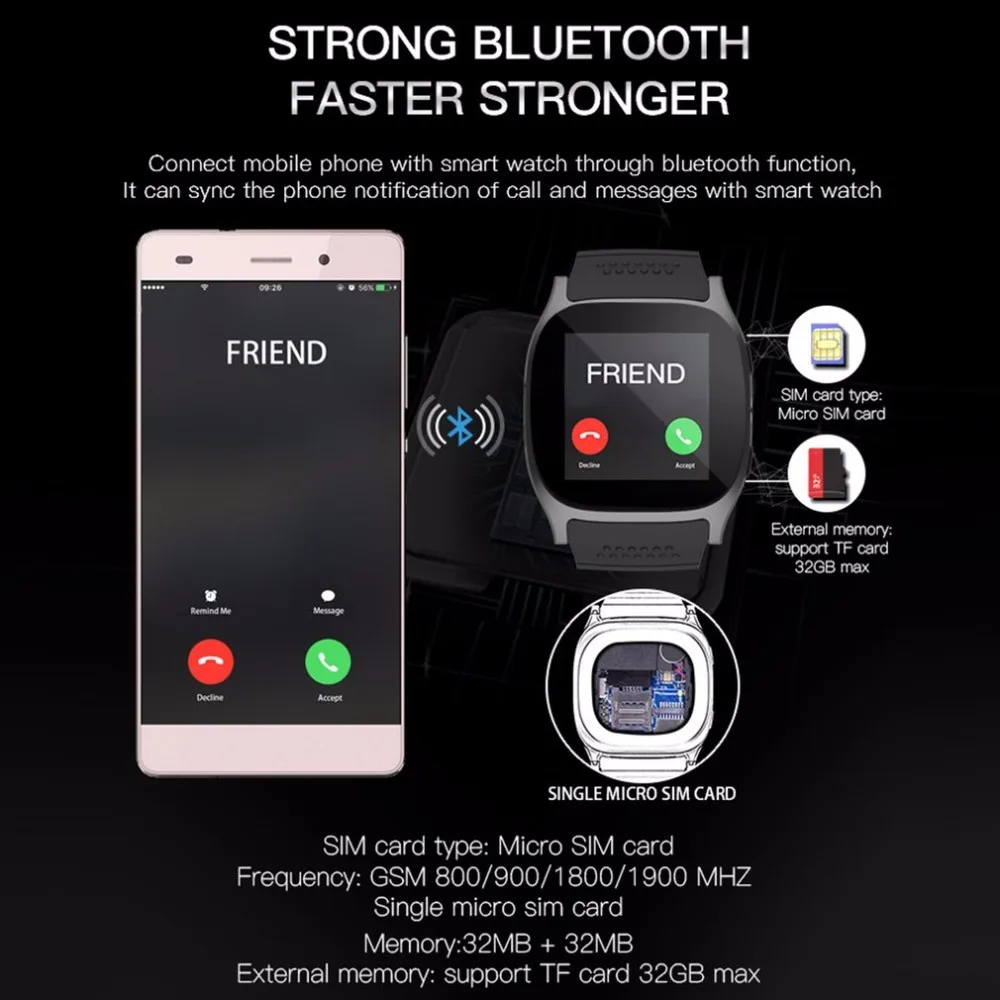 T8 Bluetooth 1 5 дюймов TFT ЖК дисплей сенсорный экран Смарт часы с камера Facebook Whatsapp