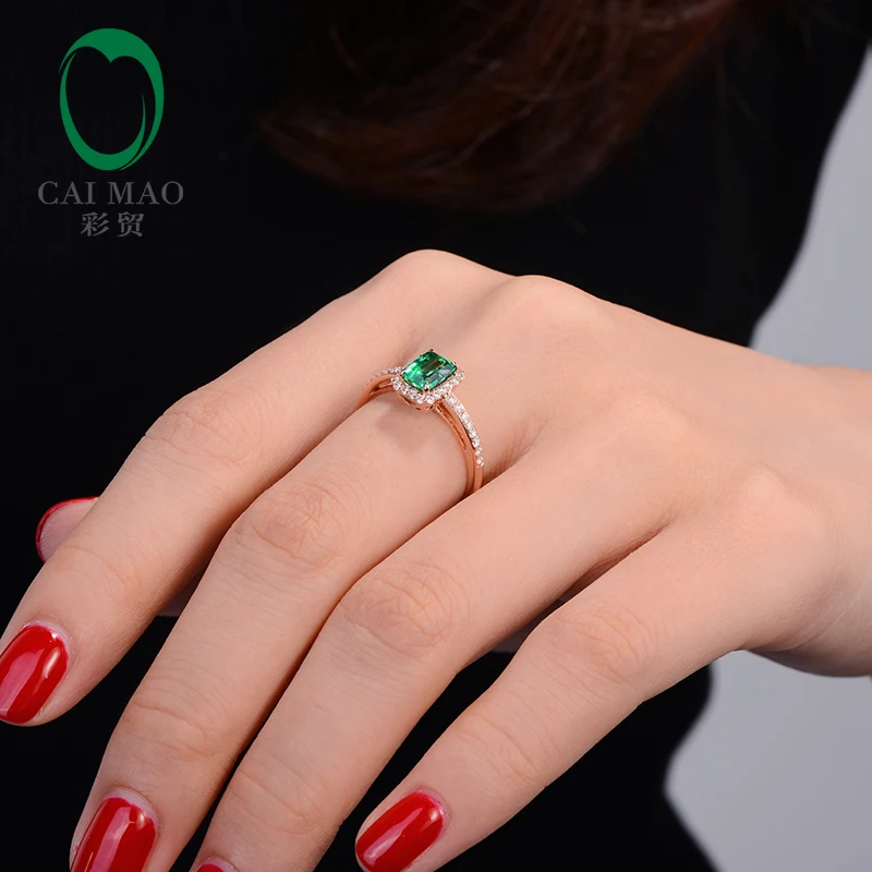 Caimao 14 k розовое золото Halo бриллиантовое кольцо 0.74ct натуральный зеленый изумруд обручальные ювелирные изделия для женщин