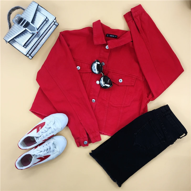 SHEIN Красная Укороченная Куртка На Пуговицах, Плотная Укороченная Рубашка, Демисезонная Куртка