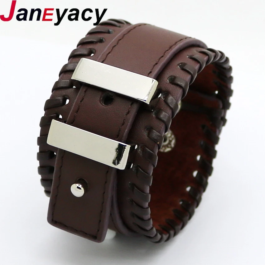 

Fashion Jewelry Leather Bracelets Men's Casual Double Steel Bracelet Vintage Punk Personality PU Leather Strap Mens Bracelets