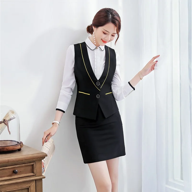 Formal Black Waistcoat Women Business Suits 2 Piece Skirt and Top Sets Ladies Work Wear Vests OL Style | Женская одежда