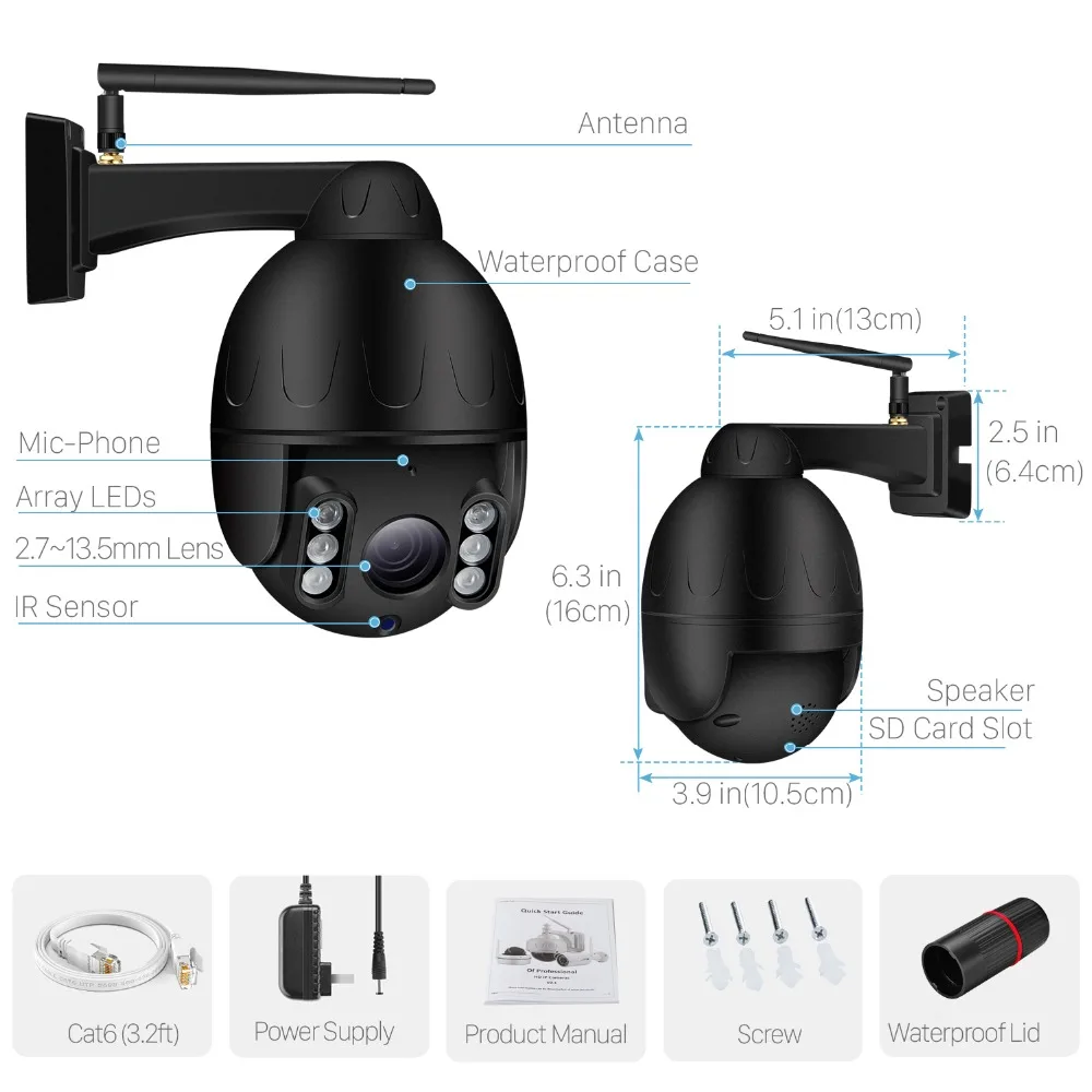 Наружная беспроводная купольная PTZ IP камера 1080P Wi Fi 2 МП 5 кратный оптический зум