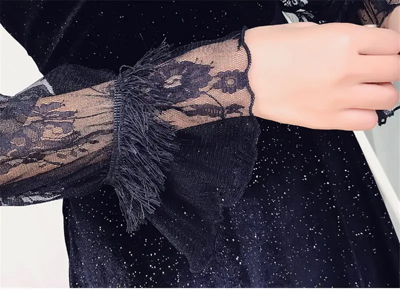 Korea Summer Dress 2019 Women Casual Velvet Patchwork Lace Mesh Flare Sleeve Sexy V-Neck Party Dresses Vestidos | Женская одежда