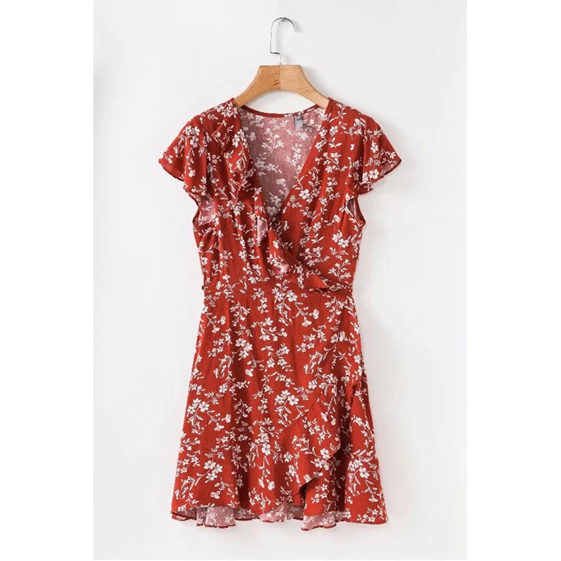 

PERHAPS U Красное цветочное короткое платье с V-образным вырезом и оборками с коротким рукавом на шнуровке с принтом пикантное винтажное пляжно...