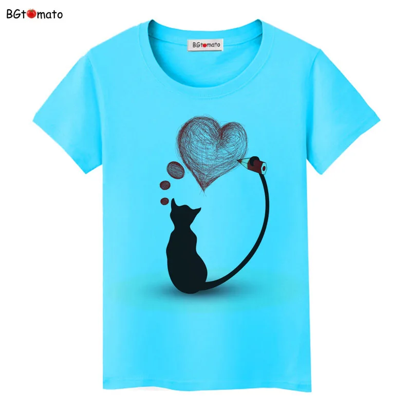 BGtomato, черная кошка, розовая футболка с надписью love, женские футболки с надписью love story, футболки с рисунком, хорошее качество, брендовая одежда, повседневные топы - Цвет: 2