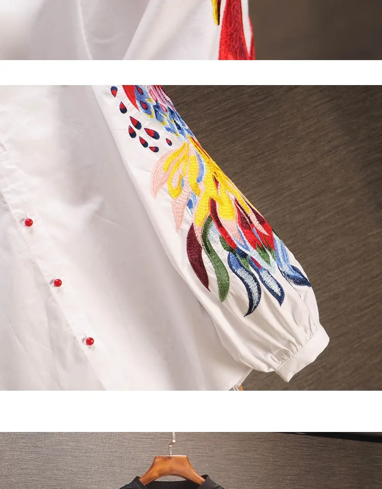 Spring and Summer Cotton Causal Shirts Embroidered Long-sleeved Shirts Woman Full Button Print O-Neck lantern Sleeve Tops