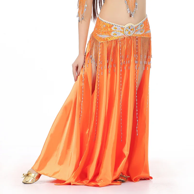 Женская юбка для танца живота, длина до пола, двойной разрез, атласная юбка для танца живота, 12 цветов, юбка для танца живота, сценическая юбка(без пояса
