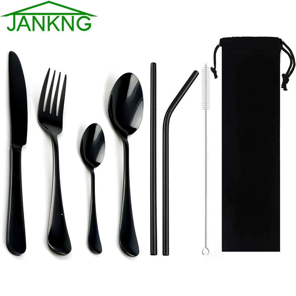 Black JANKNG 8 шт. черная столовая посуда с металлическая соломинка из нержавеющей стали красочные столовые приборы нож для стейка вилка чайная ложка набор столовых приборов - Цвет: Black