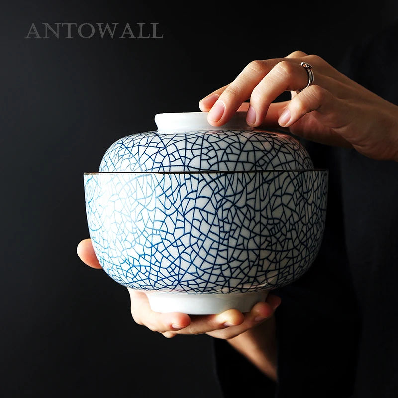 

ANTOWALL Japanese HENGFENG 4.5inch and 6.5inch Ceramic Soup Bowl With Lid Blue and White Rice Bowl Stewed Miso Soup Tureen