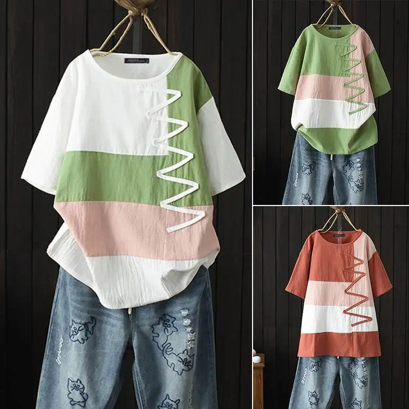 ZANZEA Women Summer Short Sleeve Tunic Tops Vintage Shirt Robe Femme Patchwork Blusas Plus Size Cotton Linen Blouse Chemise 5XL