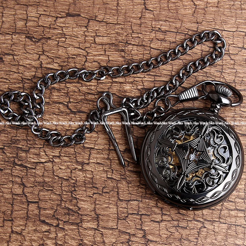 Ретро механические полые черные винтажные карманные часы стимпанк Скелет ручной