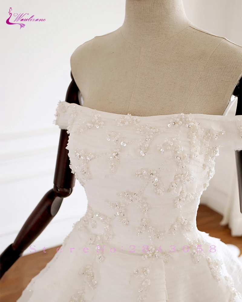 

Waulizane Boat Neck A Line Vestido De Noiva Luxury Beading Tiered Wedding Dresses With Sweep Train