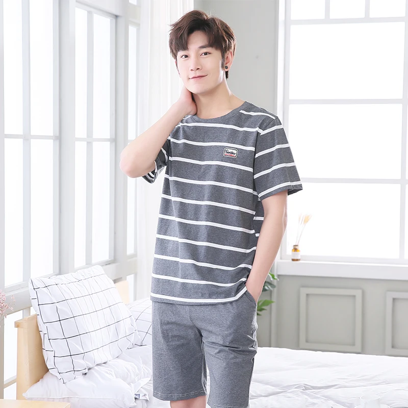 

Dark Gray Stripes Men Pajamas Sets Summer New Knitted Cotton Short Sleeved Male Pyjamas For Men Sleepwear Suit Homewear Size 4XL