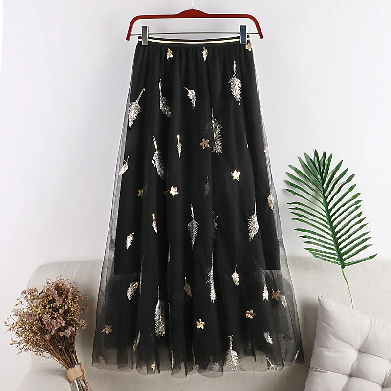 Женская фатиновая юбка с вышивкой весна лето 2019 средней длины эластичной высокой