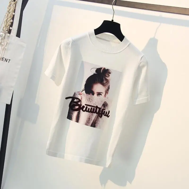 Женский тонкий трикотажный пуловер белая футболка с круглым вырезом и принтом