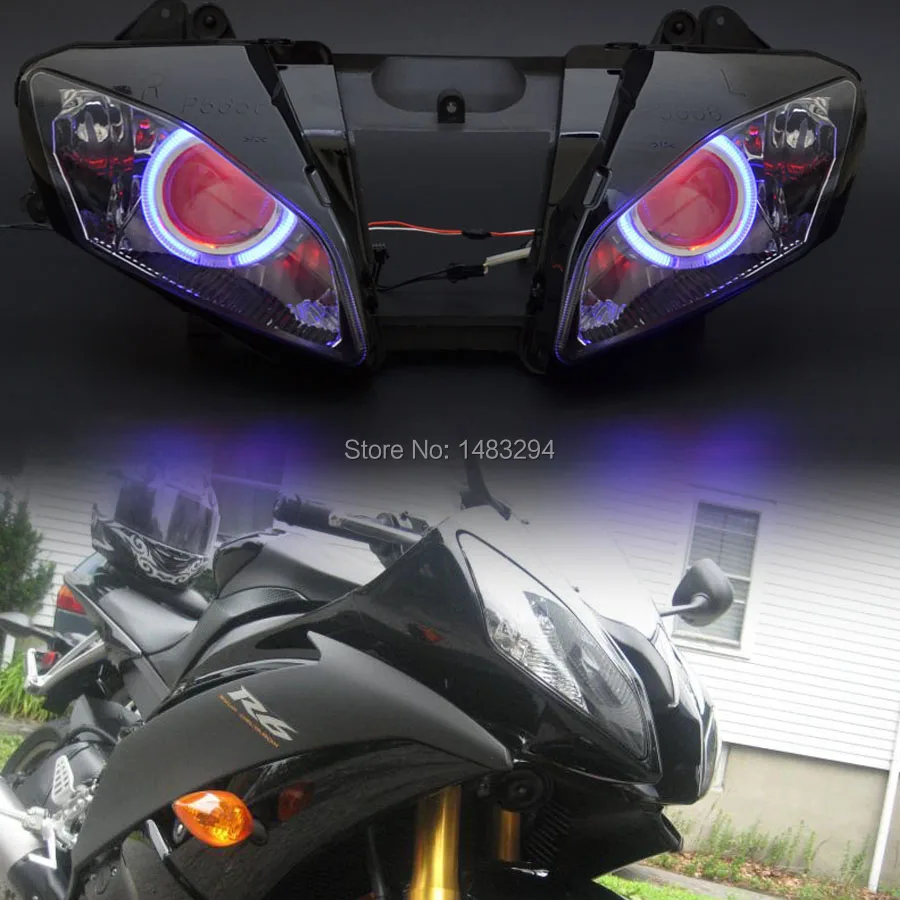 

Custom Assembled Modified HID Projector Headlight Conversion W/ Blue Angel Eyes&Red Demon Eyes Fits For Yamaha YZF R6 06-07