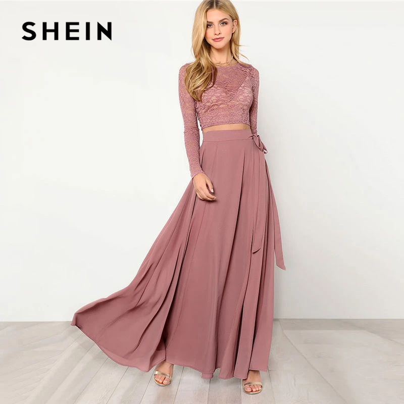 SHEIN Модный Кружевной Топ И Модная Юбка Комплект Женский Розовый Романтичный Топ С Длинными Рукавами И Длинной Юбкой С Поясом