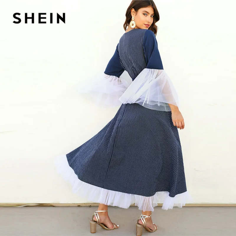 SHEIN контрастное Сетчатое платье-хиджаб Maxi с вырезом в полоску с поясом темно-синее элегантное платье с глубоким v-образным вырезом и длинным рукавом женское длинное платье