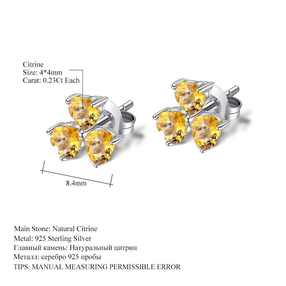 GEM'S балетные 925 пробы, серебряные серьги-гвоздики с клевером, 1.43Ct, натуральный цитрин, драгоценный камень, серьги в форме сердца для женщин, хорошее ювелирное изделие