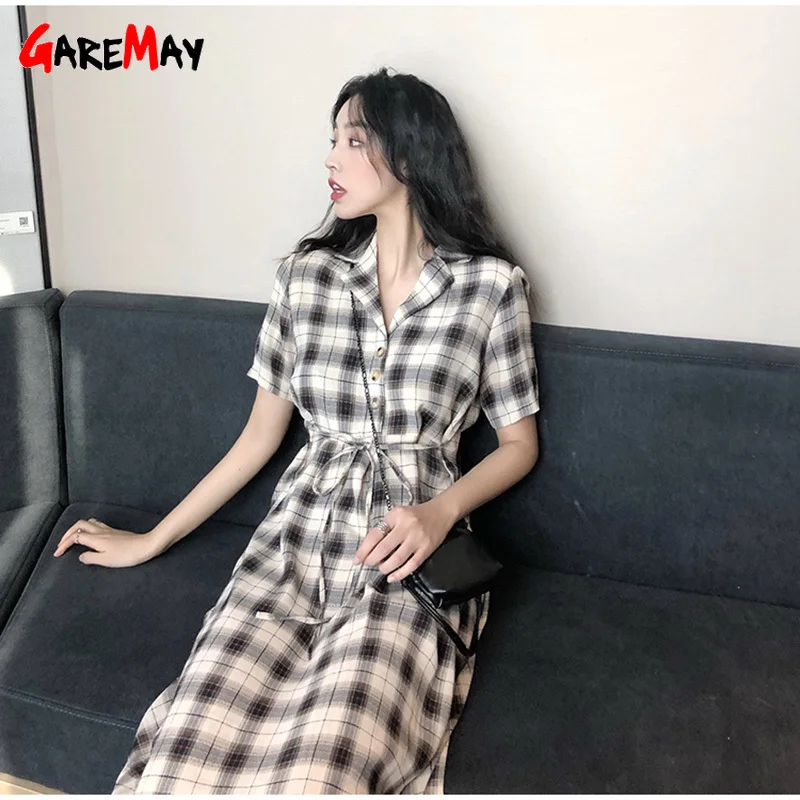 Винтажное клетчатое платье-трапеция с V-образным вырезом повседневное Свободное