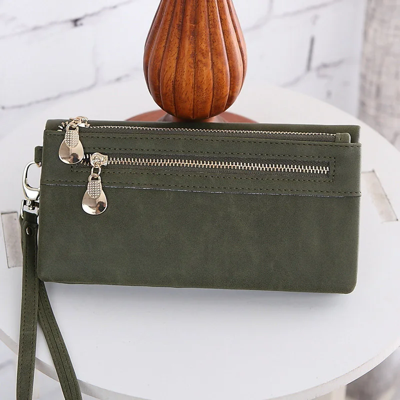 Dark Green Модные женские кошельки большой емкости, Женский кошелек из искусственной кожи с двойной молнией, клатч, кошелек для монет, дамская сумочка для телефона, браслет - Цвет: Dark Green