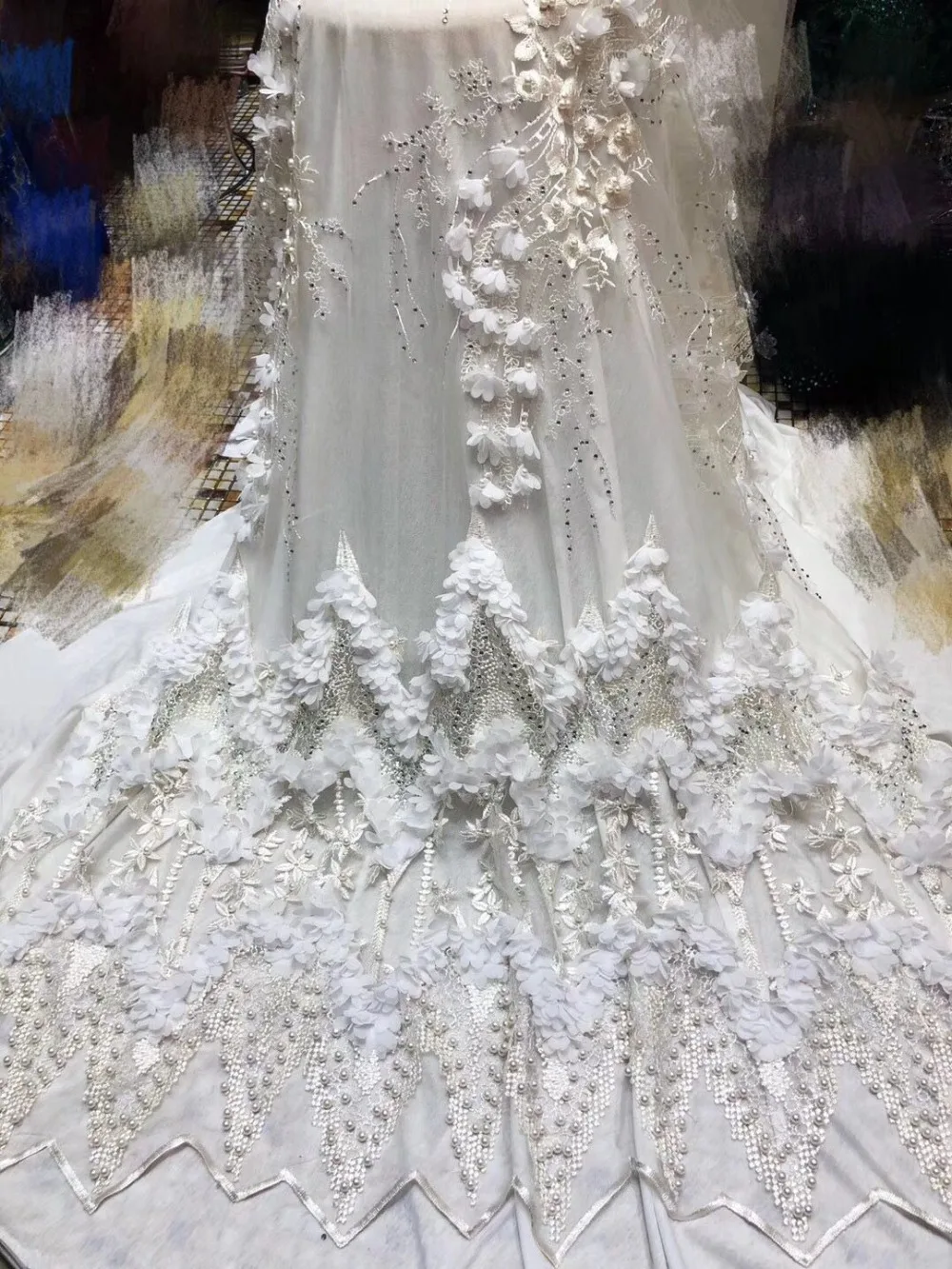 Кружевная ткань украшенная бусинами в нигерийском стиле зеленого и цвета