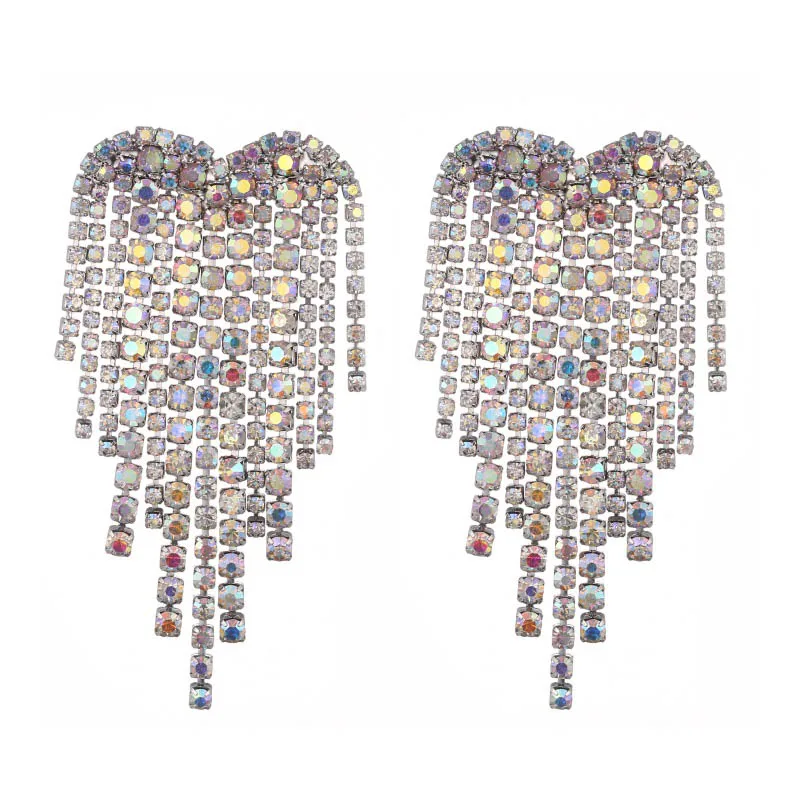 SilverMulticolor Роскошные серьги в форме сердца с кристаллами для женщин, трендовые модные висячие серьги с бахромой, серьги в виде капли, вечерние ювелирные изделия - Окраска металла: SilverMulticolor