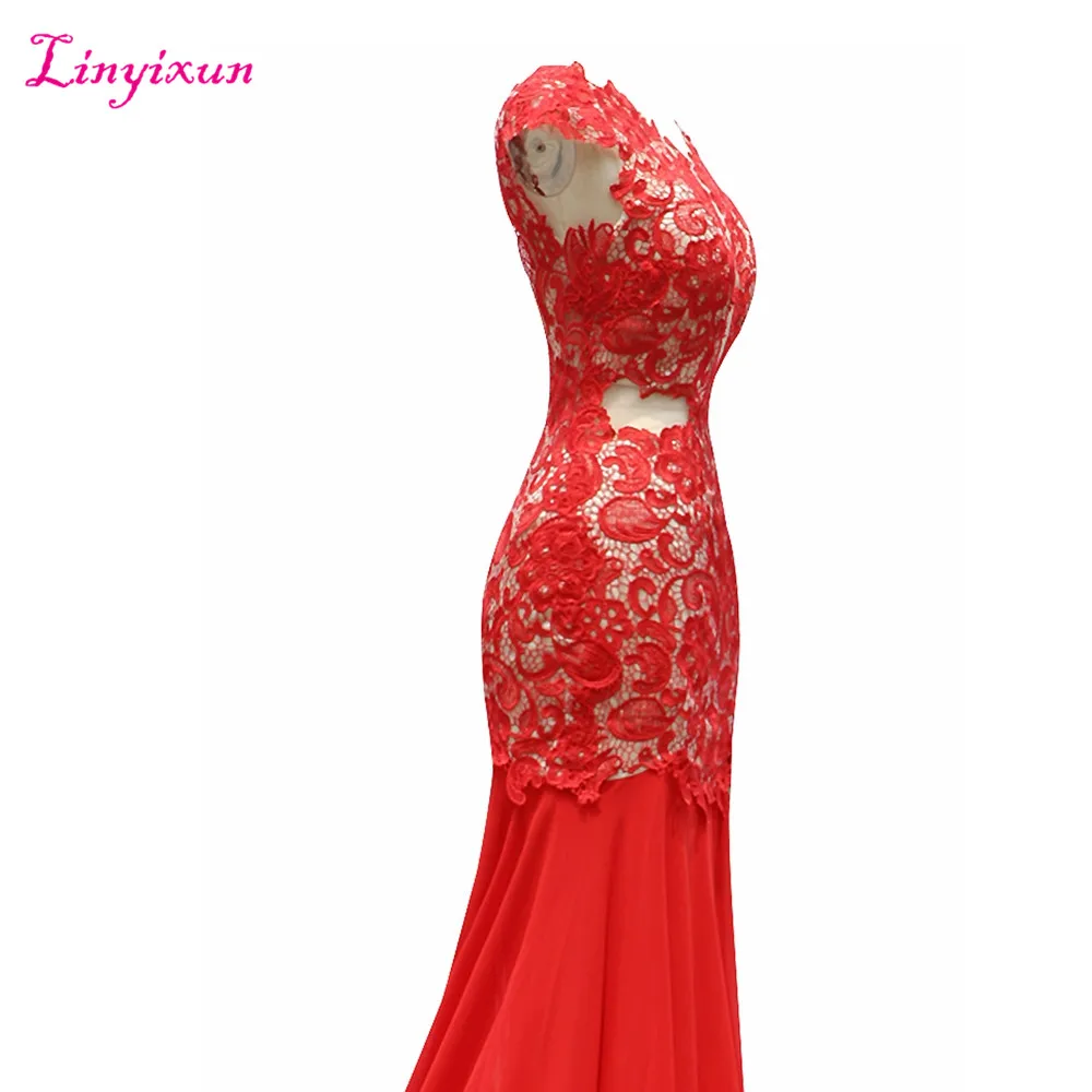 Linyixun реальные фото Русалка Вечерние платья 2017 Vestido de festa с коротким рукавом
