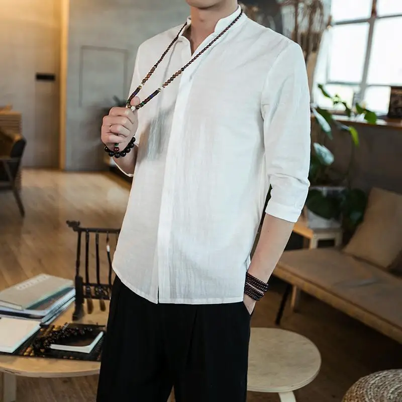 Мужская льняная рубашка со скрытой планкой Летняя Повседневная Блузка с рукавом