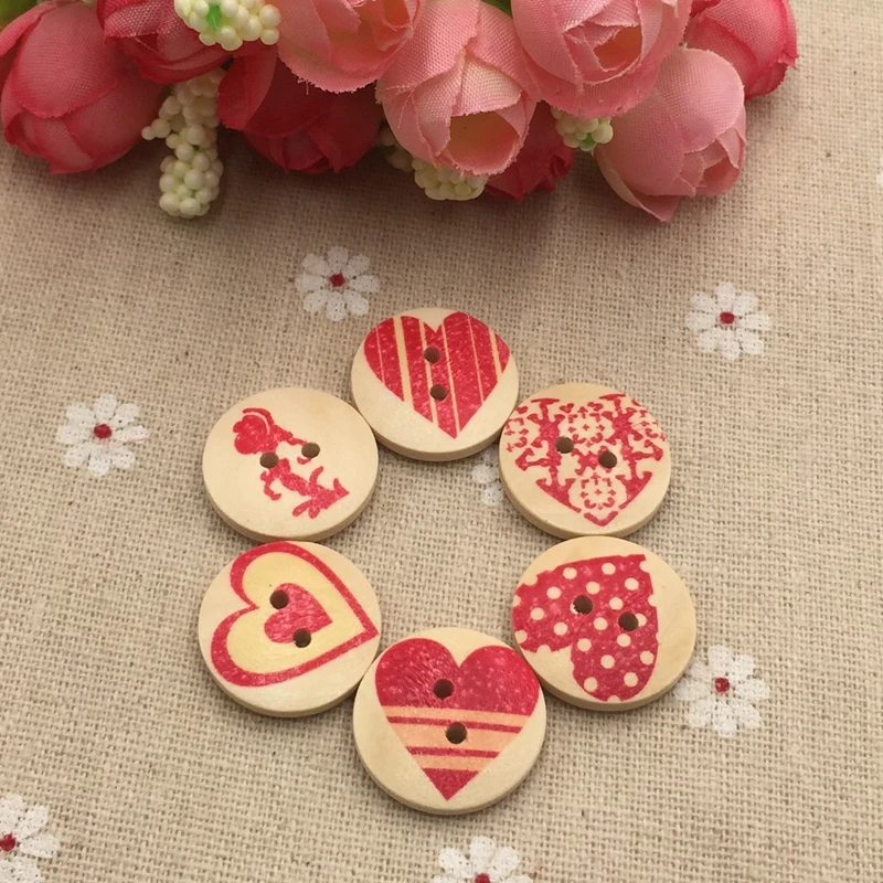 20 мм круглые деревянные цветные кнопки с двумя отверстиями серии сердец diy