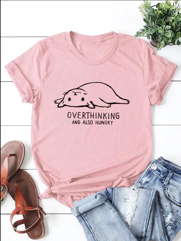 Overthinking - pink Летняя футболка с надписью «Not Today» и надписью «Not Today», «Grunge», винтажные топы с надписью «Cat», хлопковая Футболка для девочек, футболки с принтом «love Cat» - Цвет: Overthinking - pink