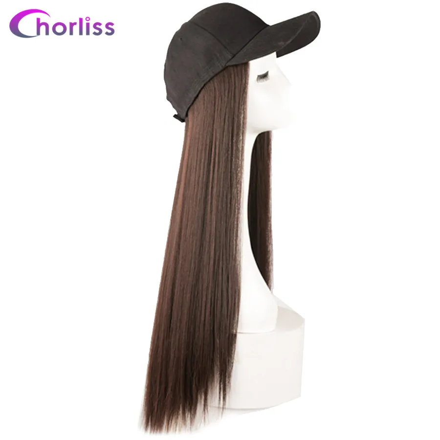 Dark Brown Натуральные длинные прямые парики для женщин 20 ''синтетические парики с регулируемой бейсболкой Chorliss утка язык шляпа с волосами Парики - Цвет: Dark Brown
