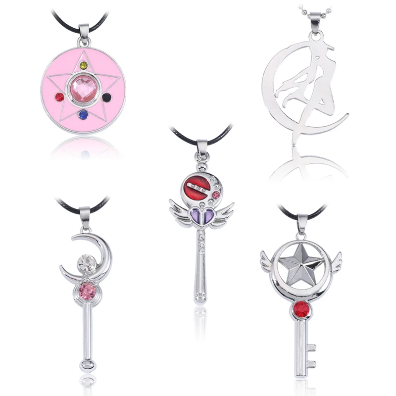 

Japanese Fashion Anime Jewelry Cartoon Pink Round Pendants Necklaces With Red Rhinestone Magic Wand For Girl
