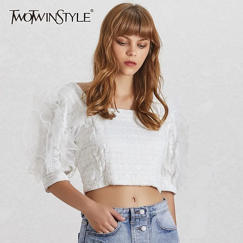 TWOTWINSTYLE элегантная сетчатая женская блузка пэчворк квадратный воротник с пышными