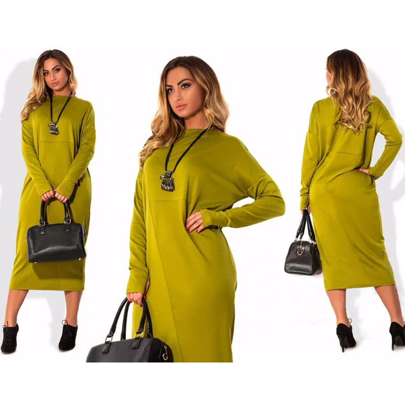 Женское модное повседневное однотонное платье до середины икры с круглым